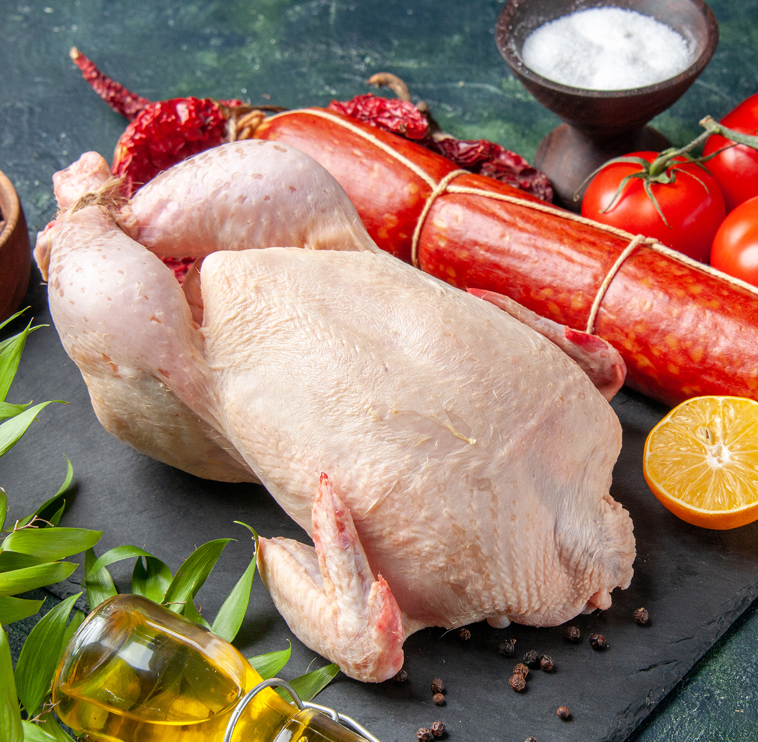 front view fresh chicken with tomatoes and sausage on dark backg نص فرخة - الصورة 1